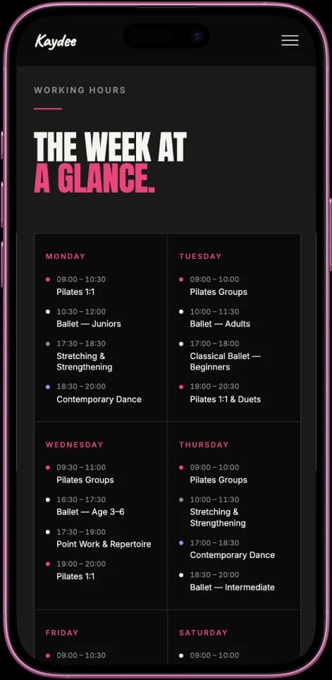 Kaydee class schedule on mobile